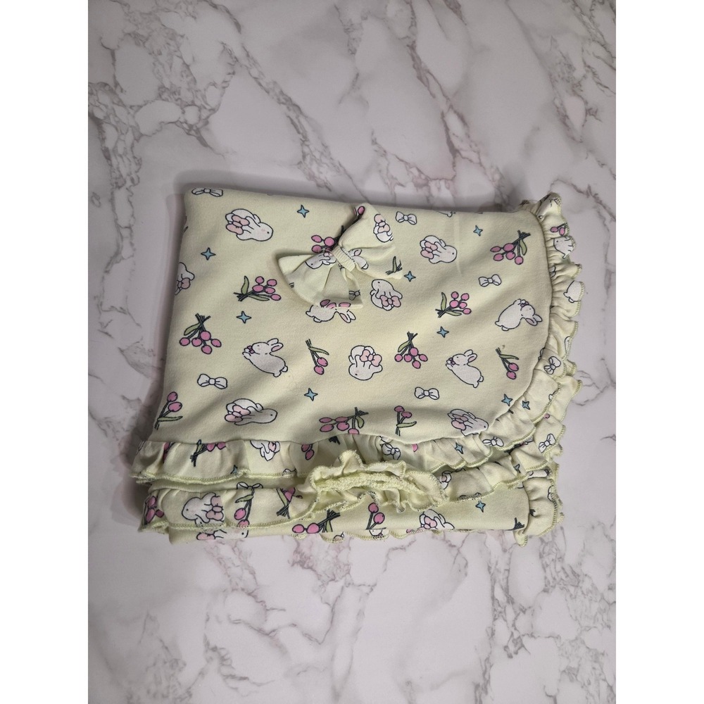 Yellow Bunny Floral Ruffle Baby Blanket with Bow Accent White Pink